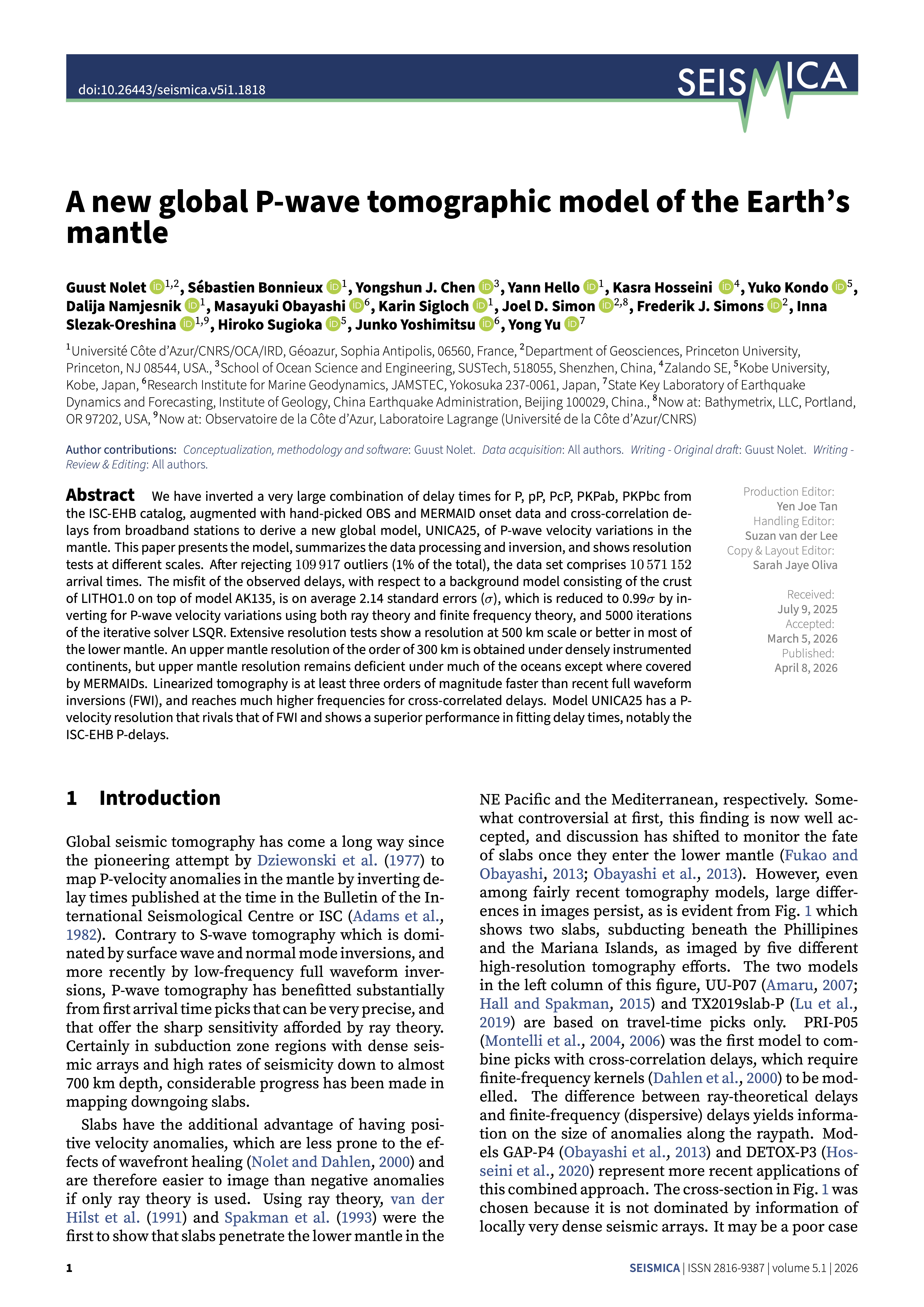 First page preview of A new global P-wave tomographic model of the Earth’s mantle