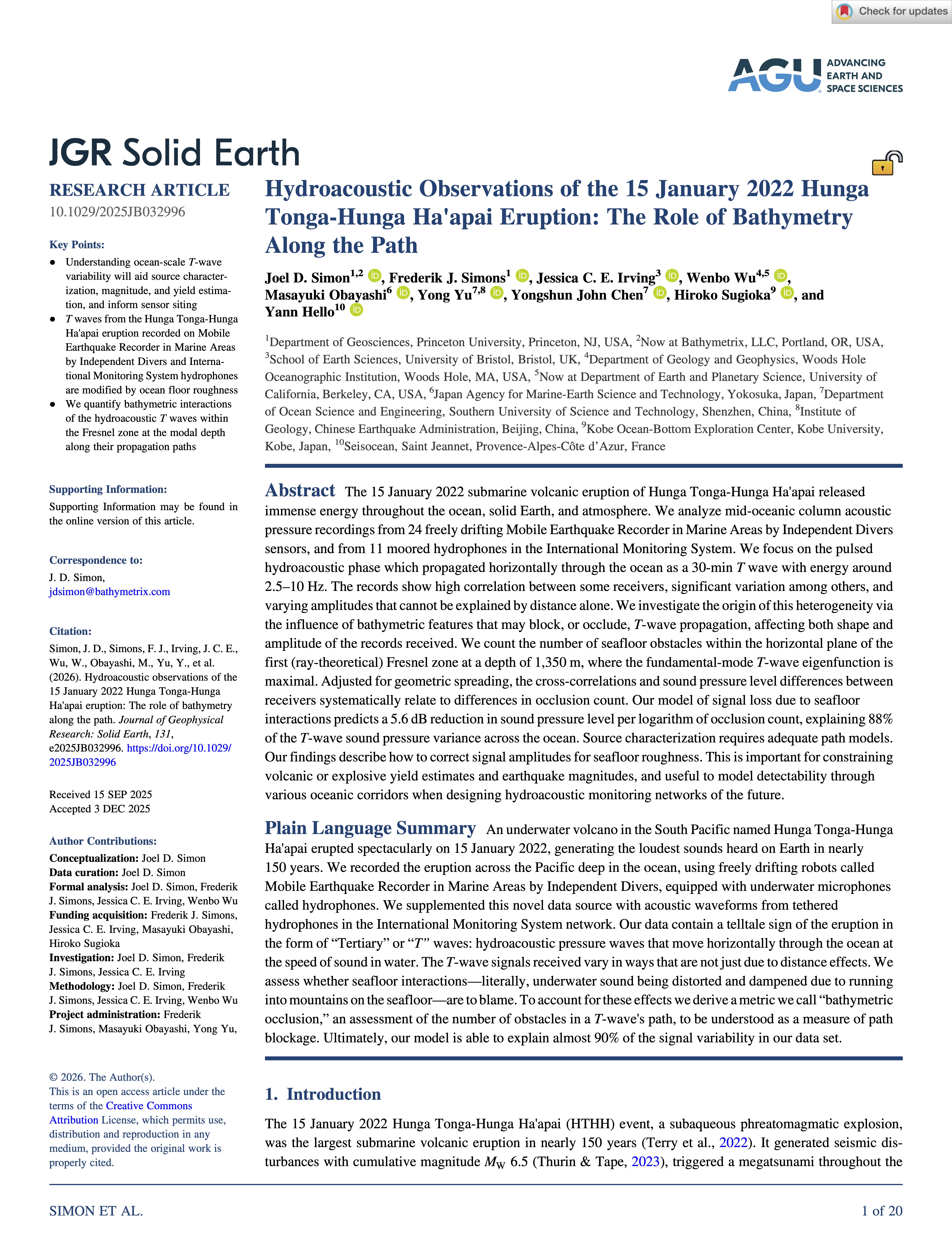 First page preview of Hydroacoustic Observations of the 15 January 2022 Hunga Tonga-Hunga Ha’apai Eruption